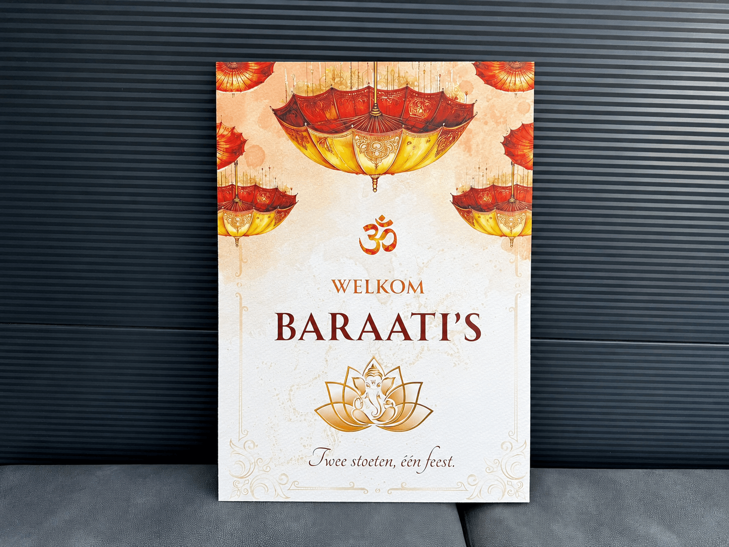 Foamboard welkomstbord met Baraati's ontwerp